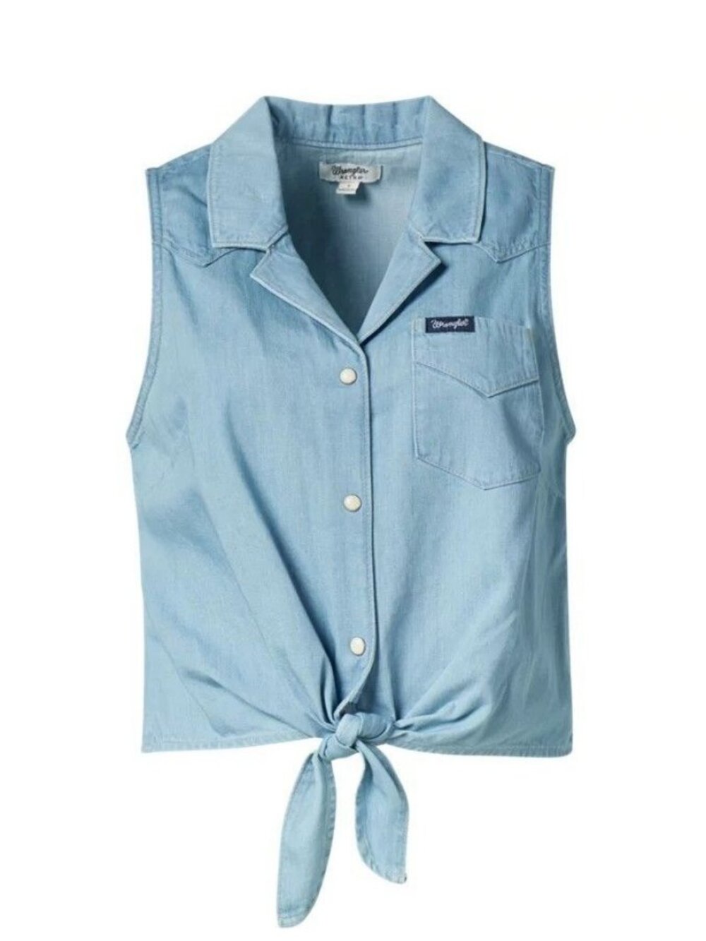 Wrangler Retro Women's Denim Sleeveless Tie Front Pearl Snap Shirt 112375189